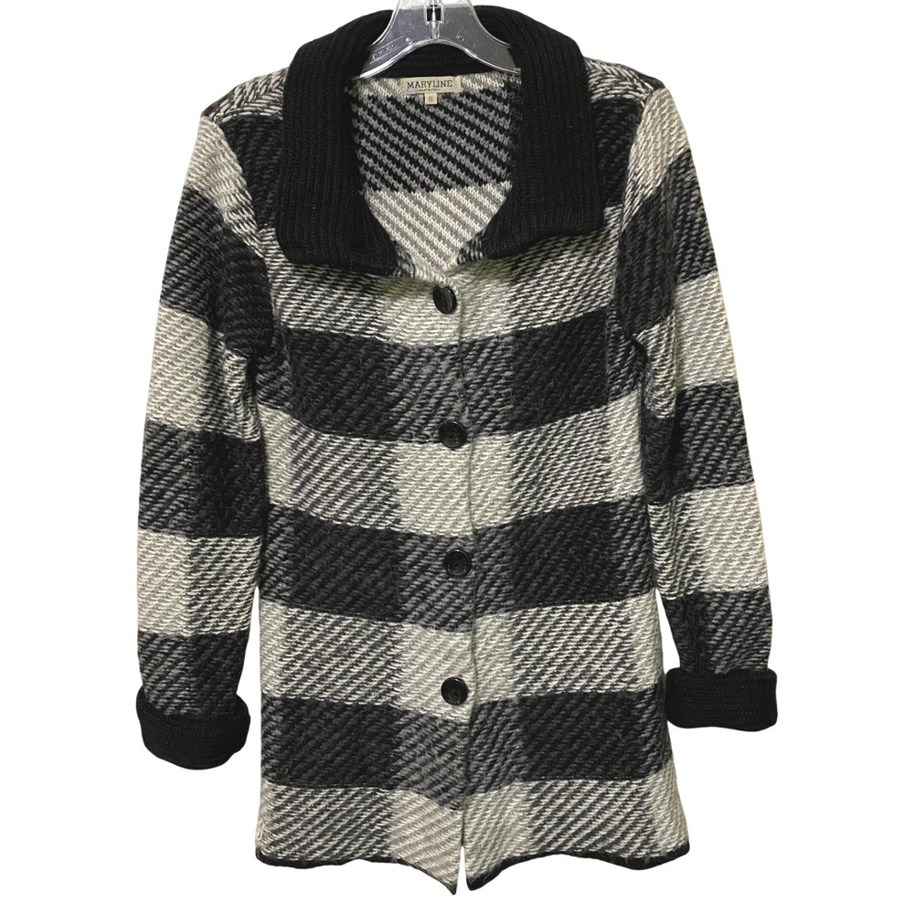 Maryline Italy Womens Plaid‎ Knit Sweater Coat Big Buttons Mohair Wool Artsy S